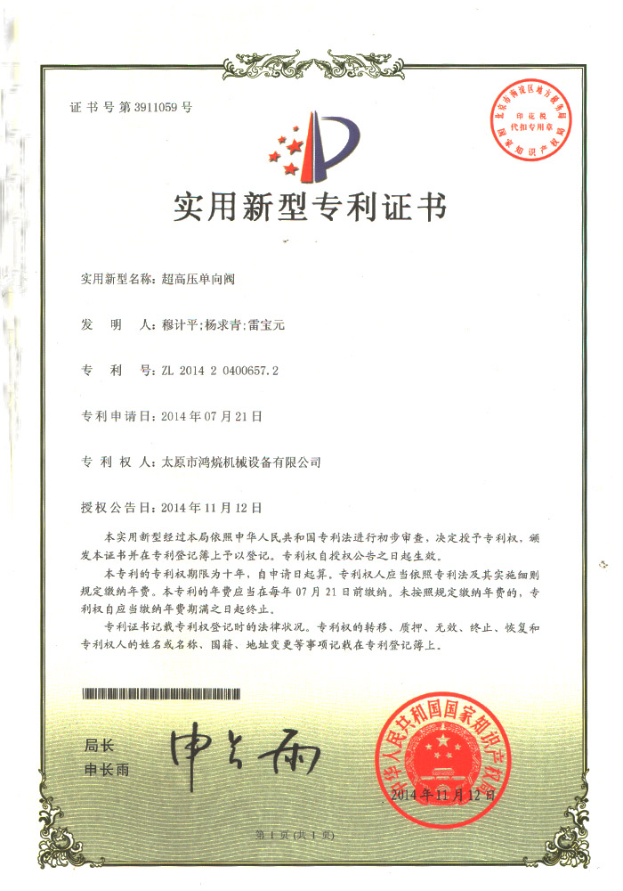 Ultra-high pressure check valve - utility model certificate